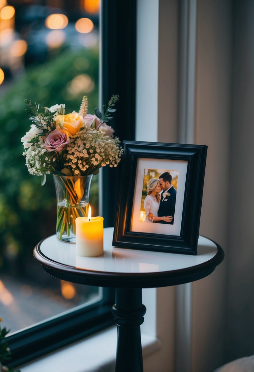 A small table adorned with a vase of flowers, a framed photo, and a flickering candle, set up in a quiet corner for a wedding memorial in honor of a loved one