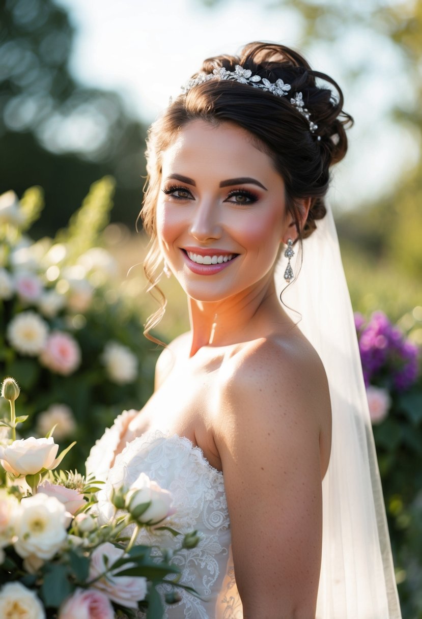 A bride with a radiant smile and elegant updo, surrounded by blooming flowers and soft sunlight, her makeup exuding timeless beauty