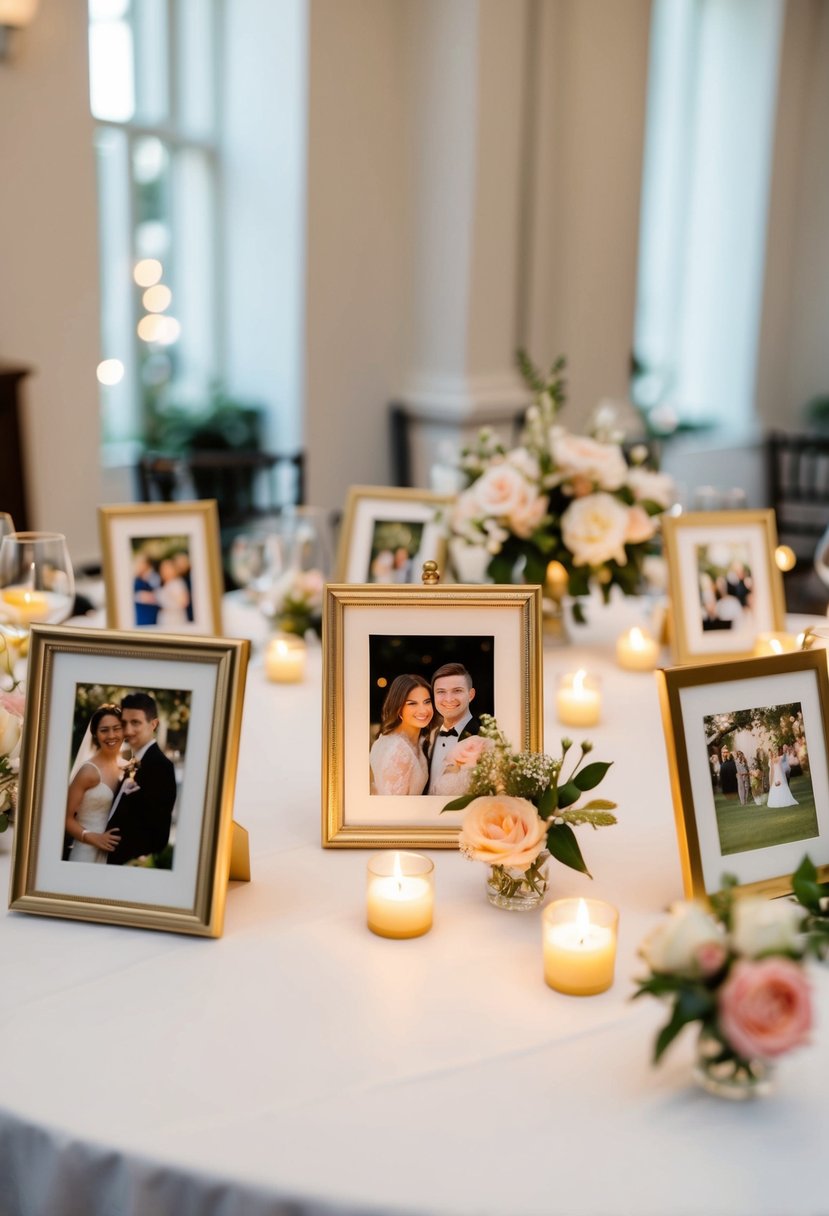 A table with a white tablecloth adorned with personal photos in elegant frames, interspersed with small flower arrangements and flickering candles