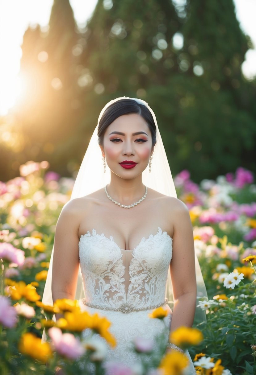 A bride's lips adorned with long-wearing lipstick, standing amidst a garden of blooming flowers under the warm glow of the sun