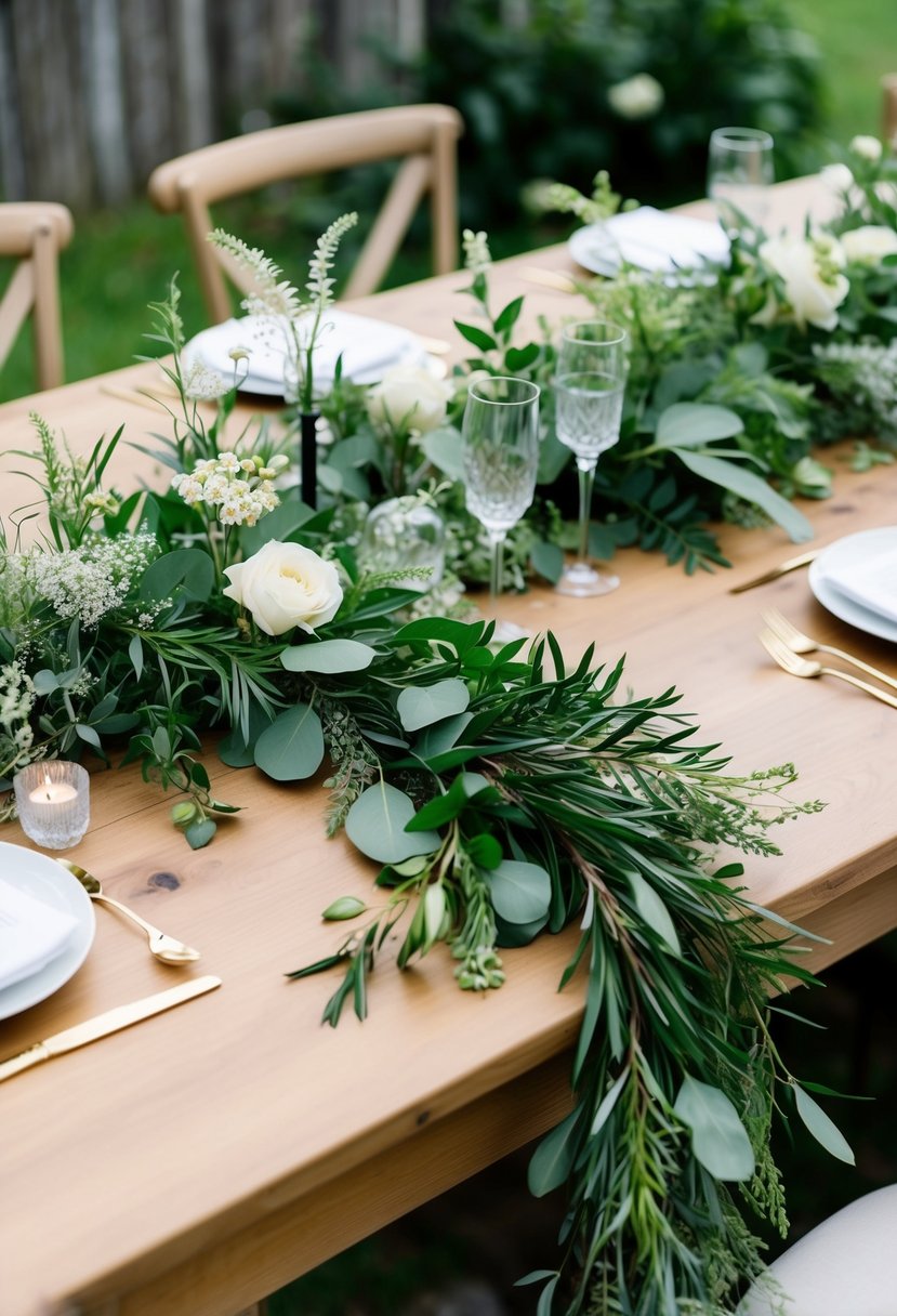 Greenery garlands draped across a wooden wedding table, intertwined with delicate flowers and foliage, creating a natural and organic atmosphere