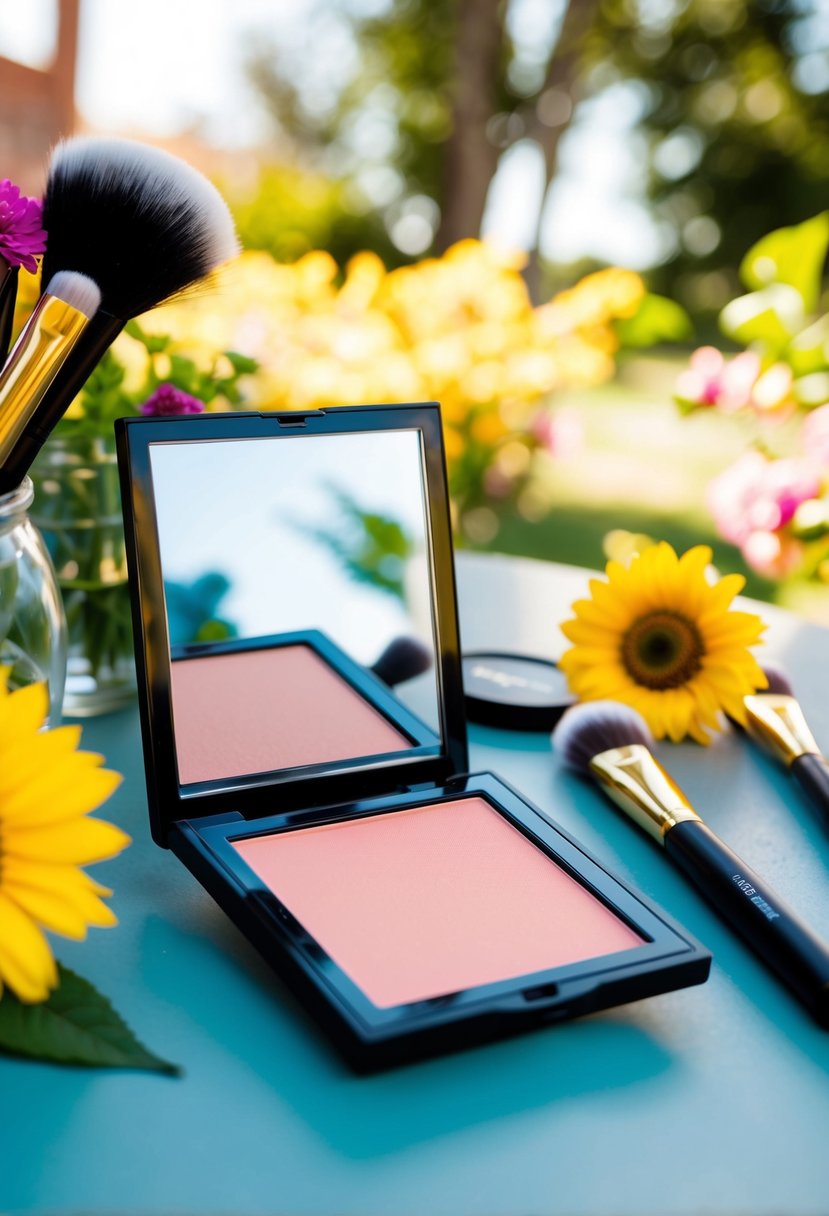 A blush compact open on a sunlit outdoor table, surrounded by flowers and makeup brushes