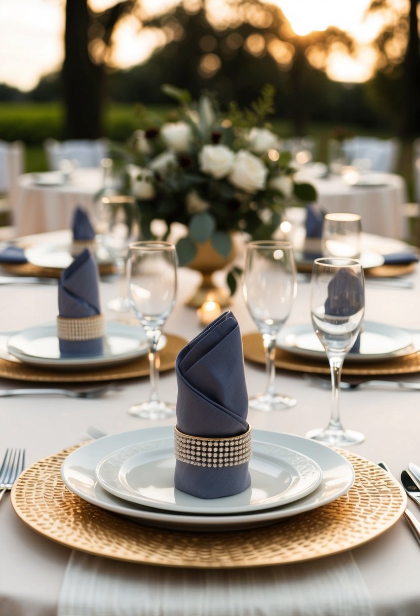 A table set with coordinating napkin rings and linens in elegant wedding decor