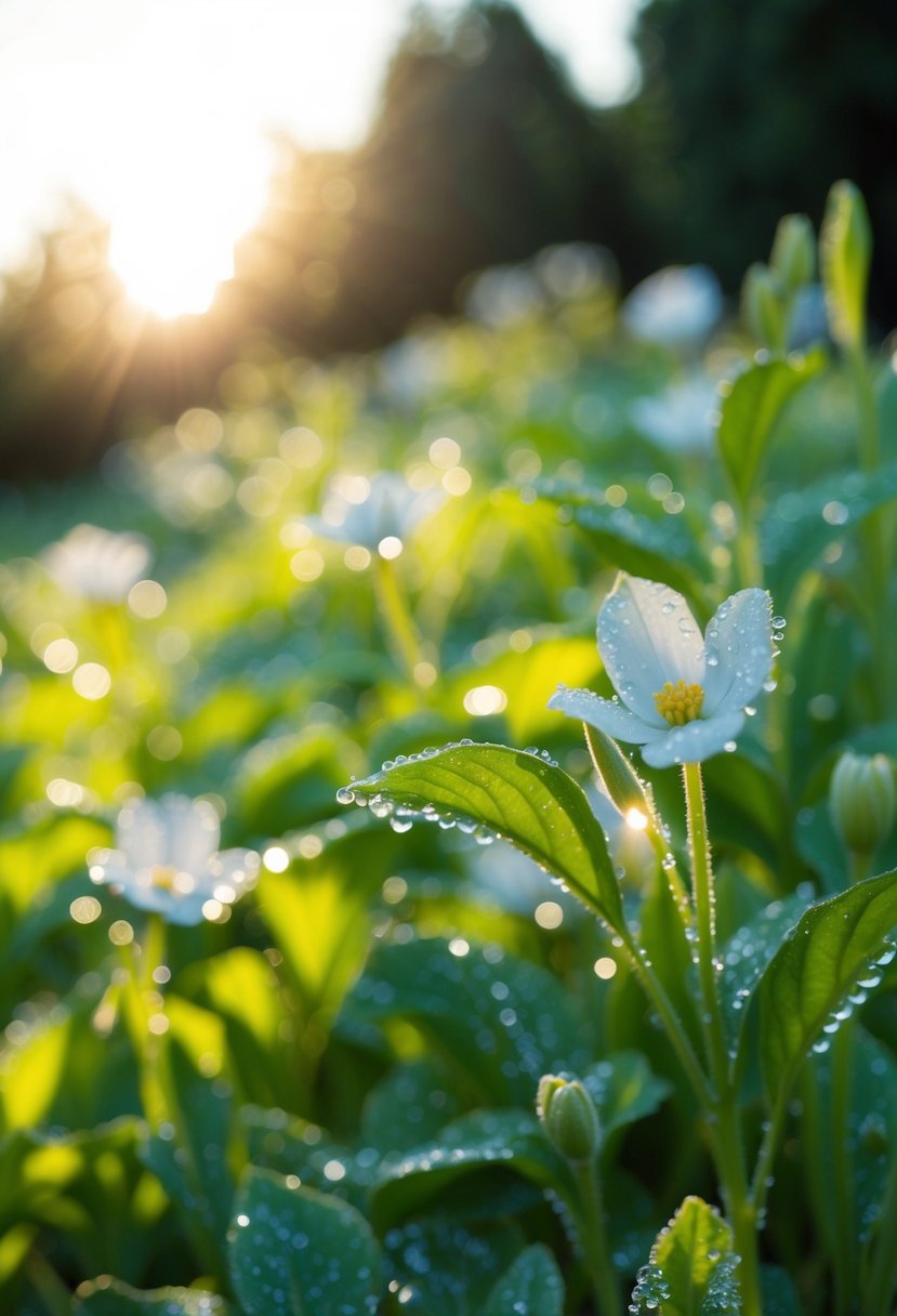 Soft sunlight illuminates a garden, casting a subtle shimmer on dew-kissed flowers and leaves