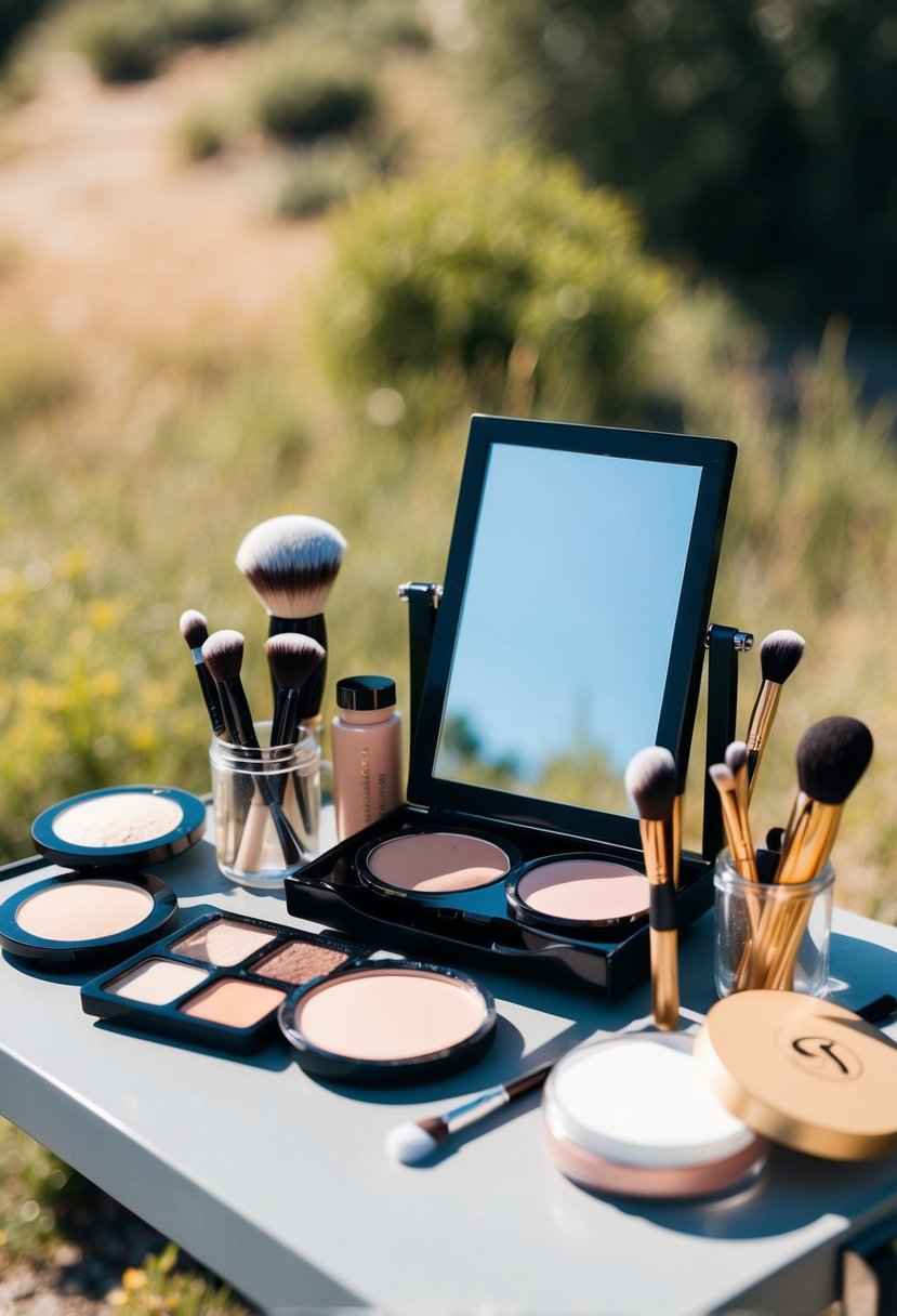 A makeup artist's outdoor workstation with powder products, brushes, and a mirror, set against a natural backdrop