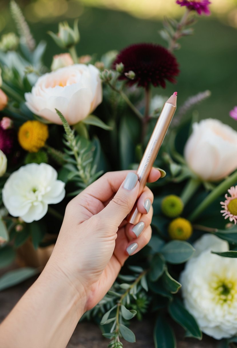 A hand holding a lip pencil, surrounded by outdoor wedding elements like flowers and greenery