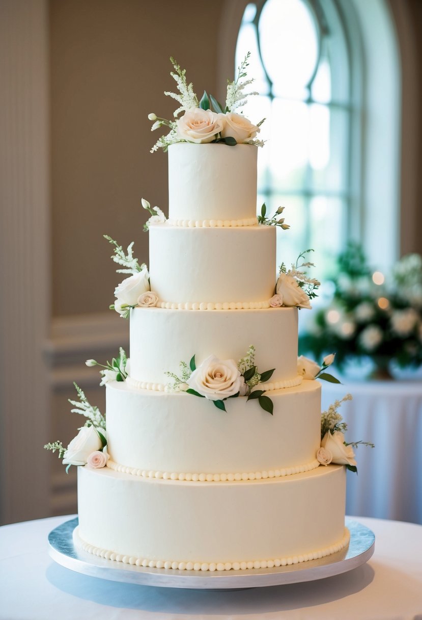 A three-tiered square wedding cake adorned with delicate floral decorations and elegant piping details