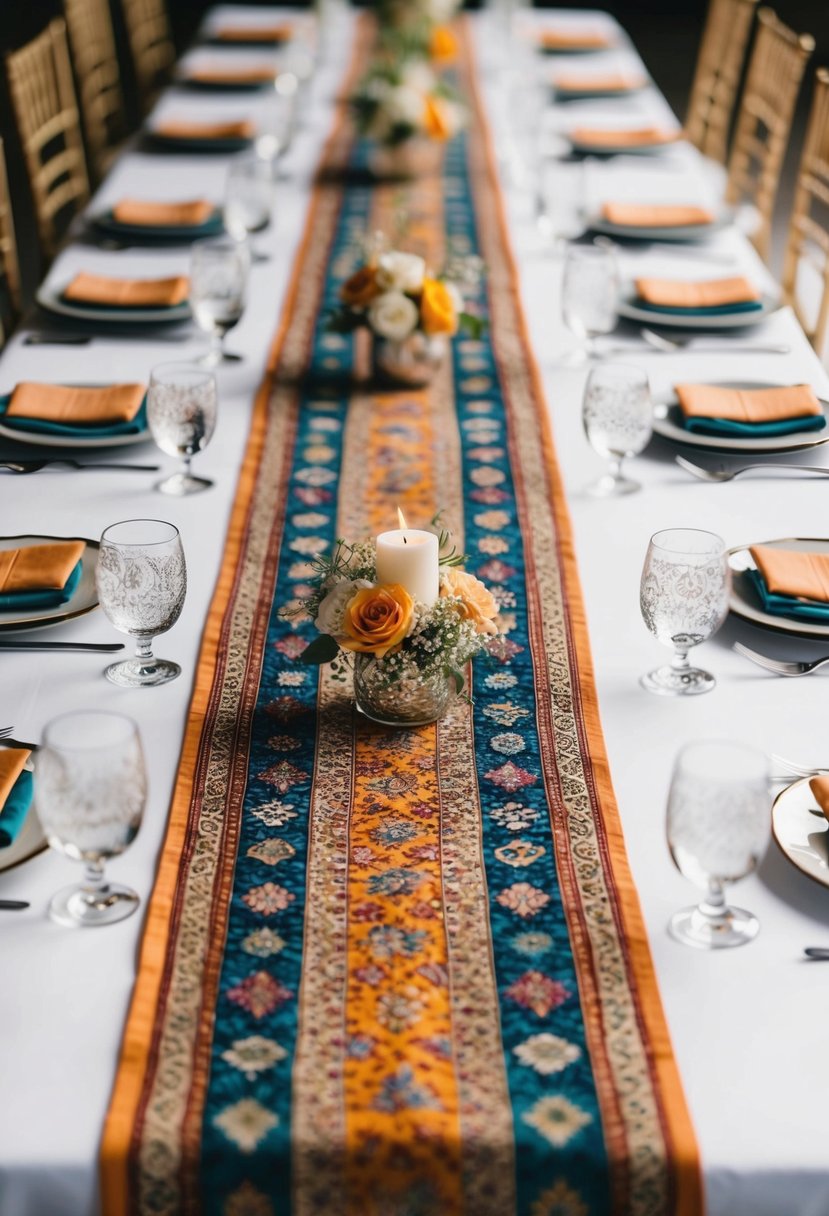 A long, colorful table runner adorned with intricate patterns and textures, adding visual interest to the wedding table decor