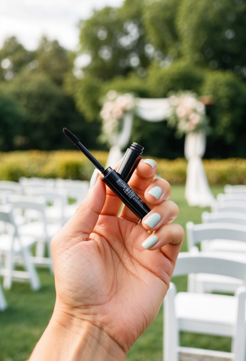 A hand holding a waterproof eyeliner, with a background of a beautiful outdoor wedding setting