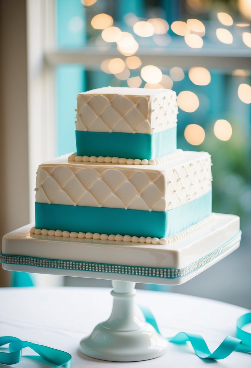 An elegant square white buttercream cake adorned with a Tiffany Blue ribbon