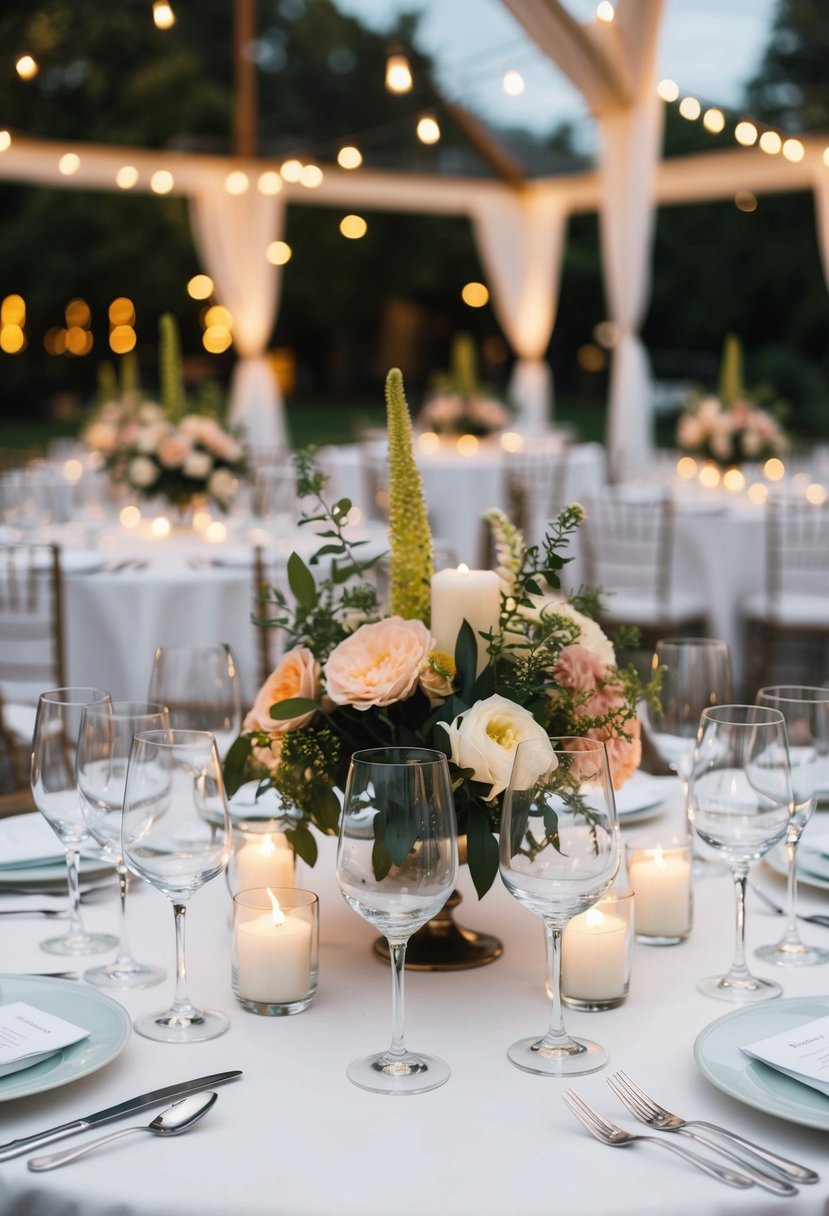 Clear glassware arranged on a white tablecloth with elegant floral centerpieces and candlelight