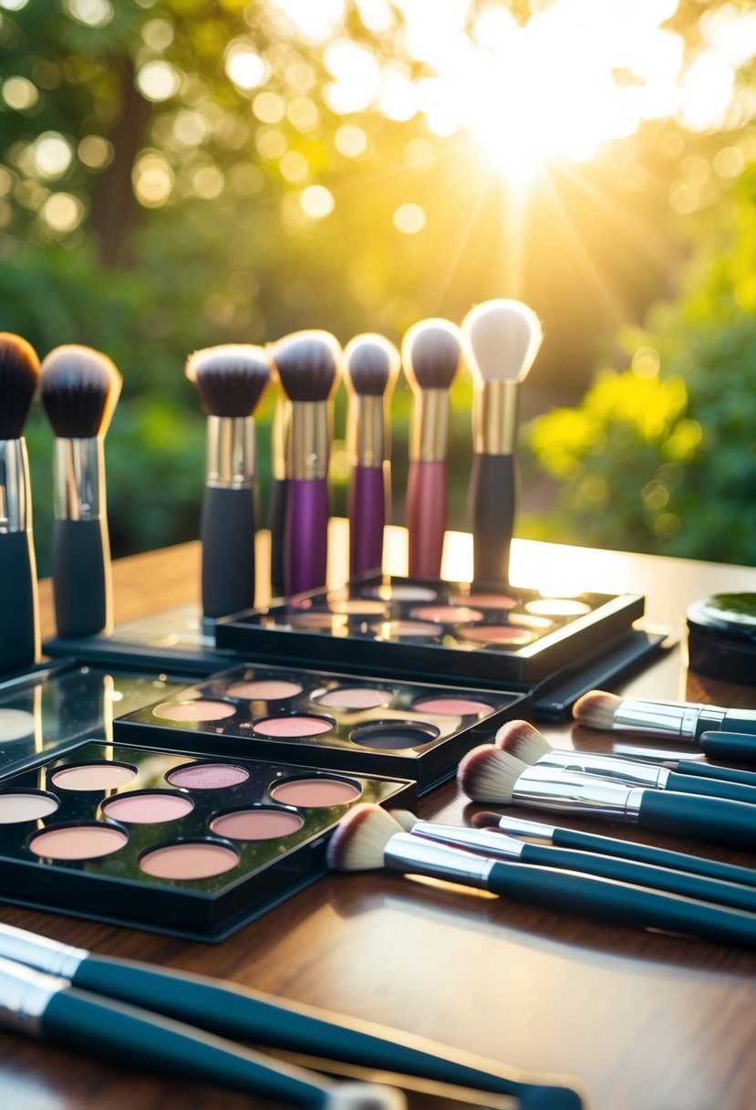 A table with various shades of makeup and brushes laid out under natural sunlight