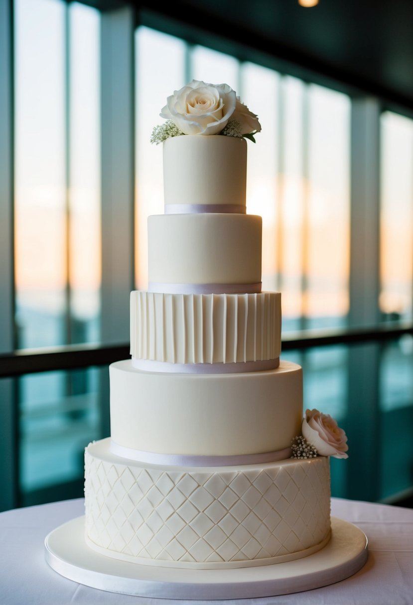 A multi-tiered wedding cake with geometric patterns and sleek ruffles, set against a modern backdrop