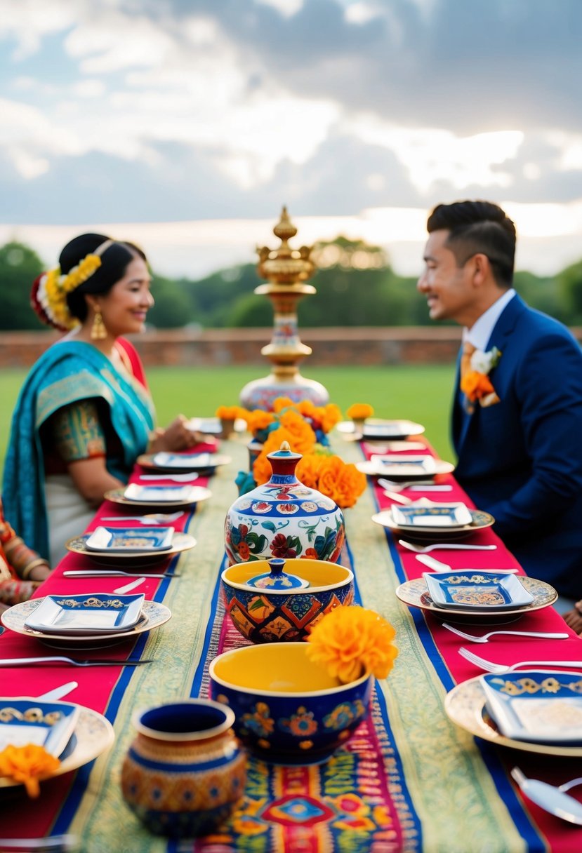 A table adorned with vibrant textiles, traditional ceramics, and symbolic objects from the couple's cultural heritage