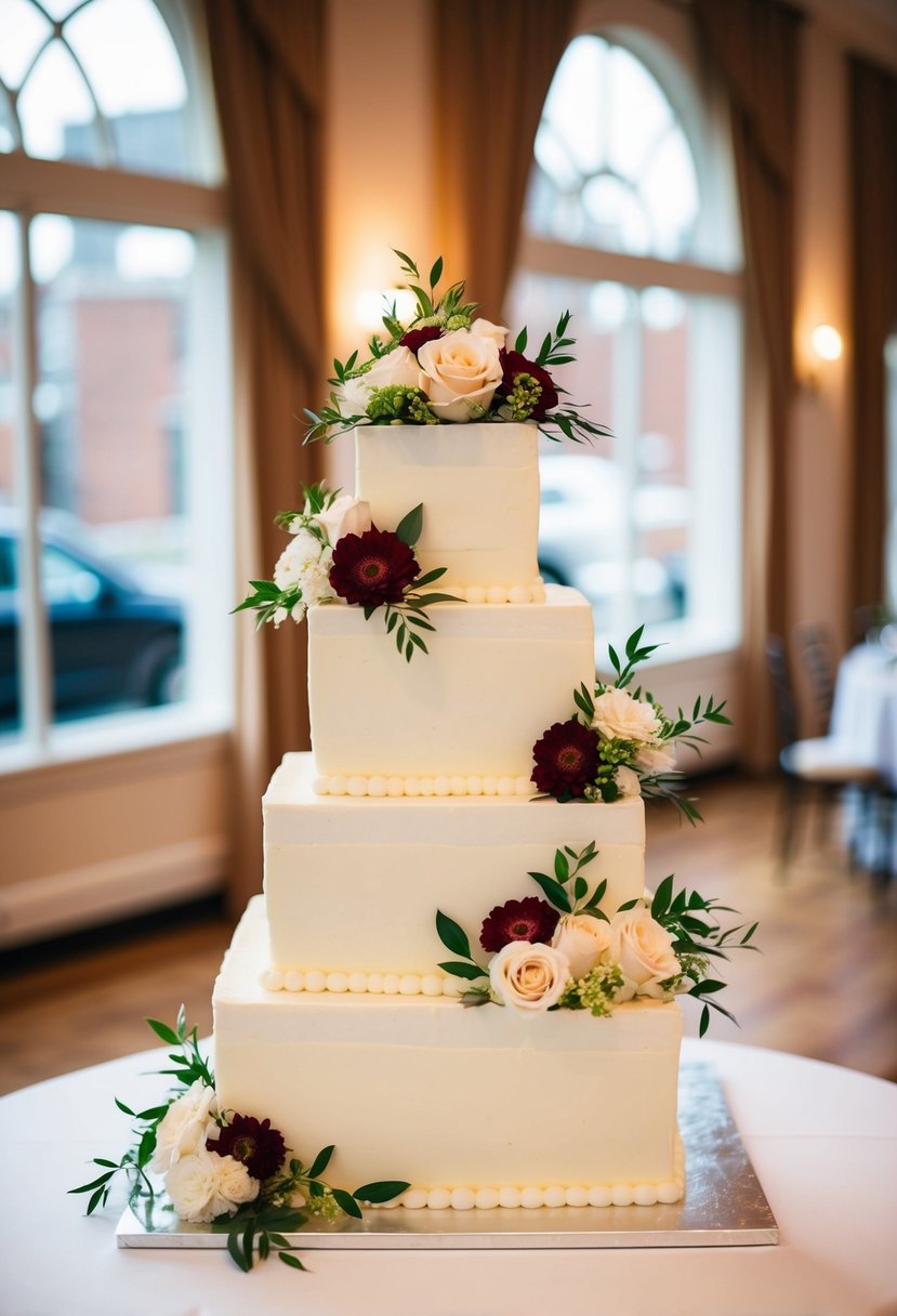 A four-tier square wedding cake adorned with fresh flowers