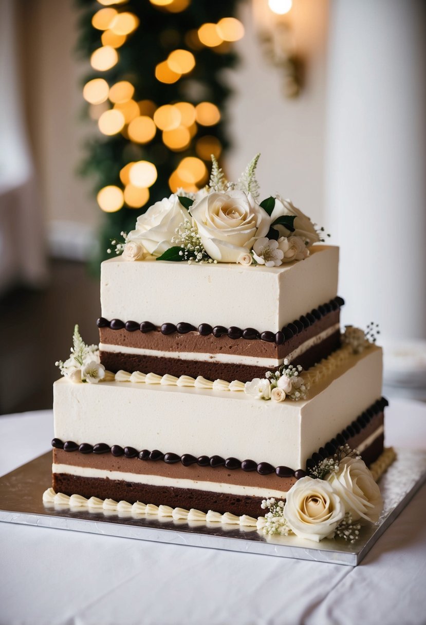 A square wedding cake with mocha and chocolate fillings, adorned with elegant decorations and floral accents