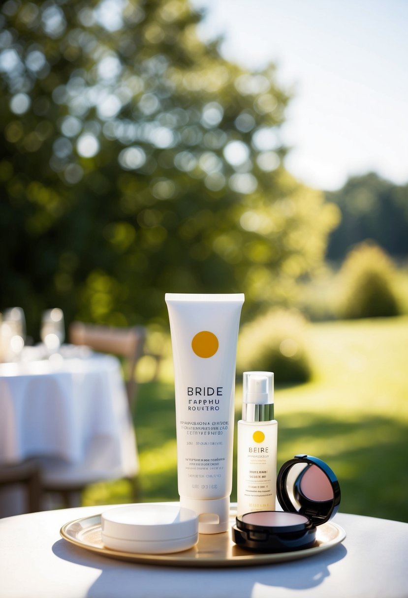 A sunny outdoor wedding with a bride's skincare routine: sunscreen, moisturizer, and makeup laid out on a table