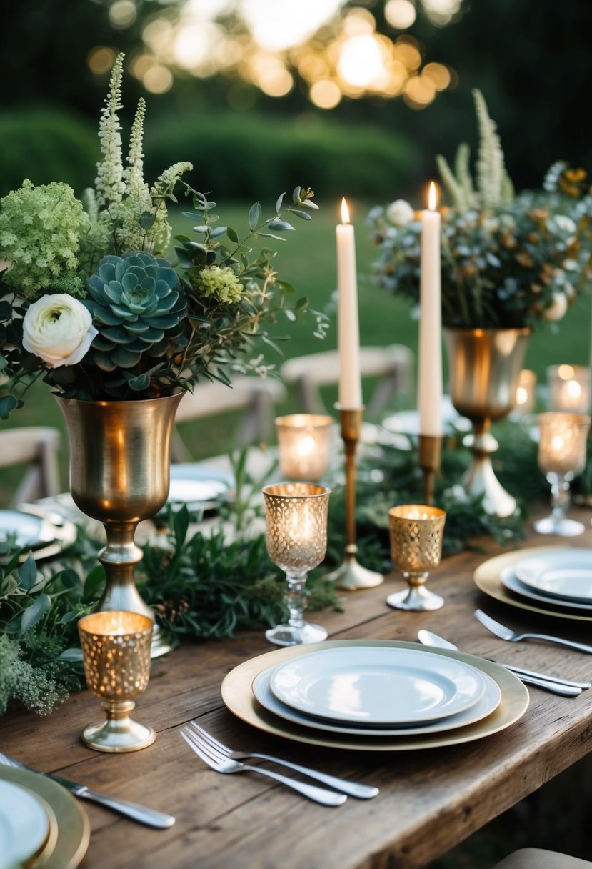 A rustic wooden table adorned with metallic candle holders, cutlery, and vases filled with textured greenery and flowers