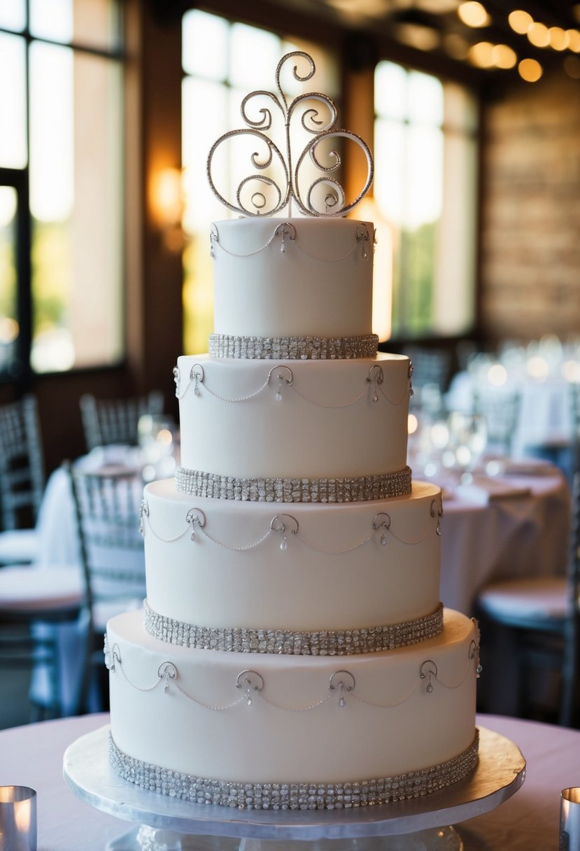 A three-tiered square wedding cake adorned with silver scrolls and dragees