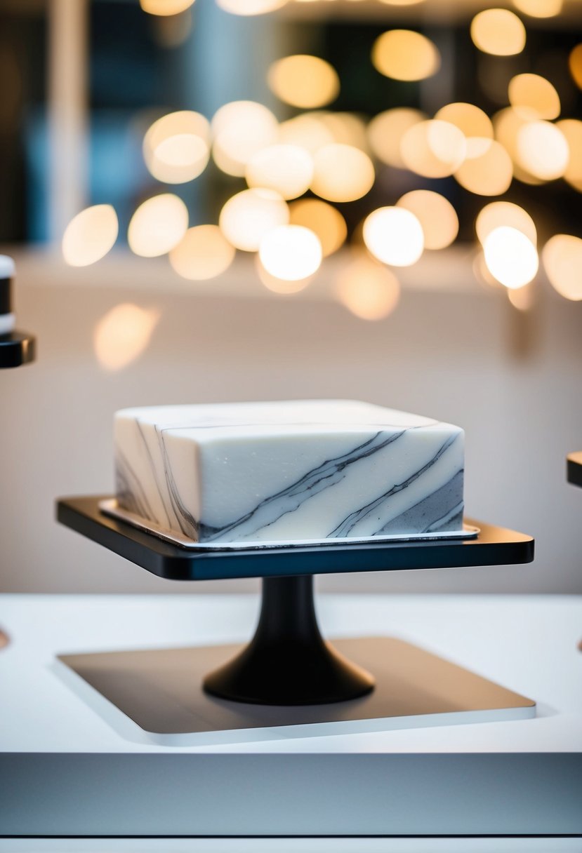 A square cake with a minimalist marble finish sits on a sleek, modern display stand