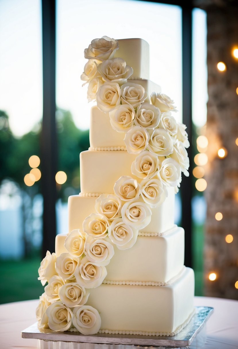 A square wedding cake adorned with cascading sugar roses