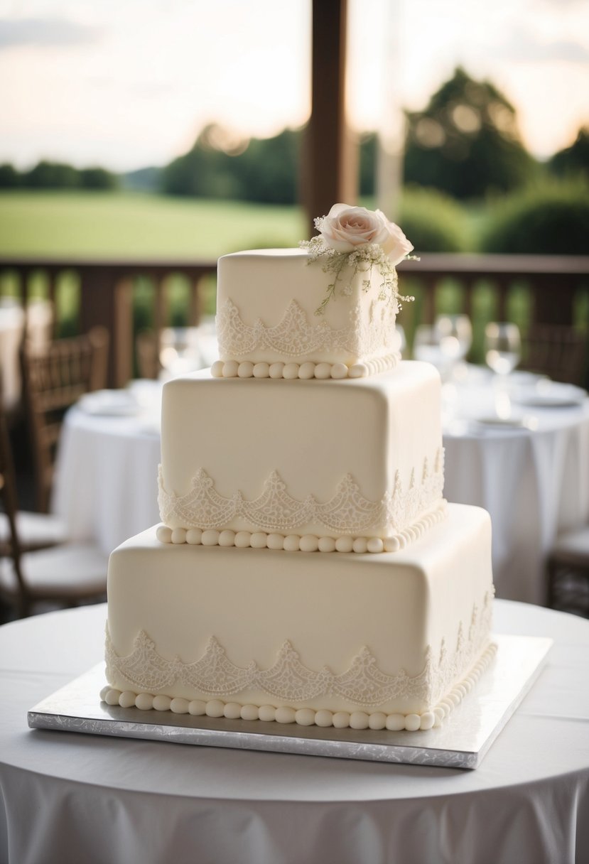 A vintage-inspired square wedding cake adorned with delicate lace patterns