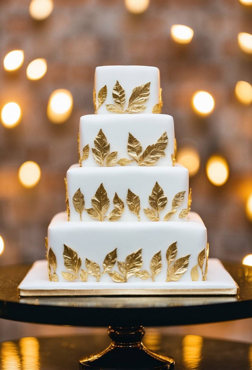 A square wedding cake adorned with delicate gold leaf accents