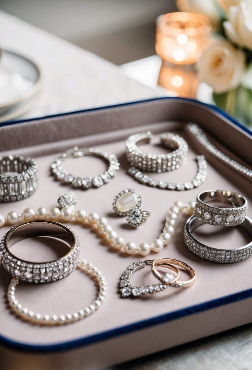 A sparkling array of elegant wedding jewelry displayed on a velvet-lined tray