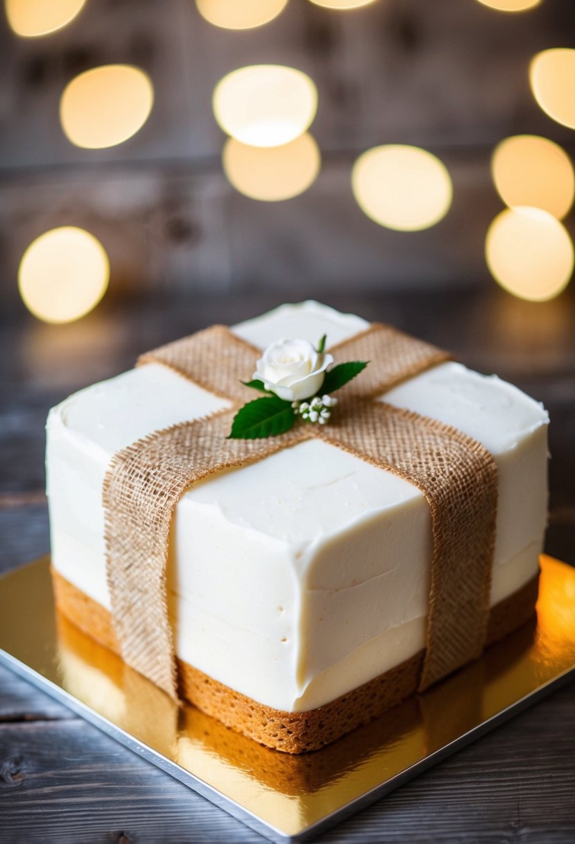 A rustic square cake adorned with an edible burlap ribbon, perfect for a wedding celebration