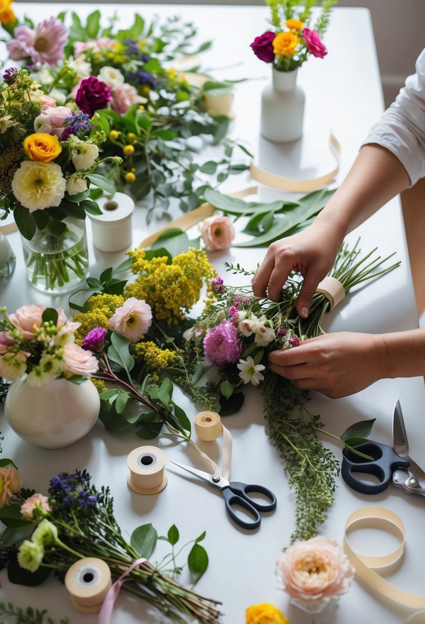 A table scattered with various flowers, greenery, and ribbon spools. Scissors, floral tape, and vases are nearby. A pair of hands arranging a bouquet