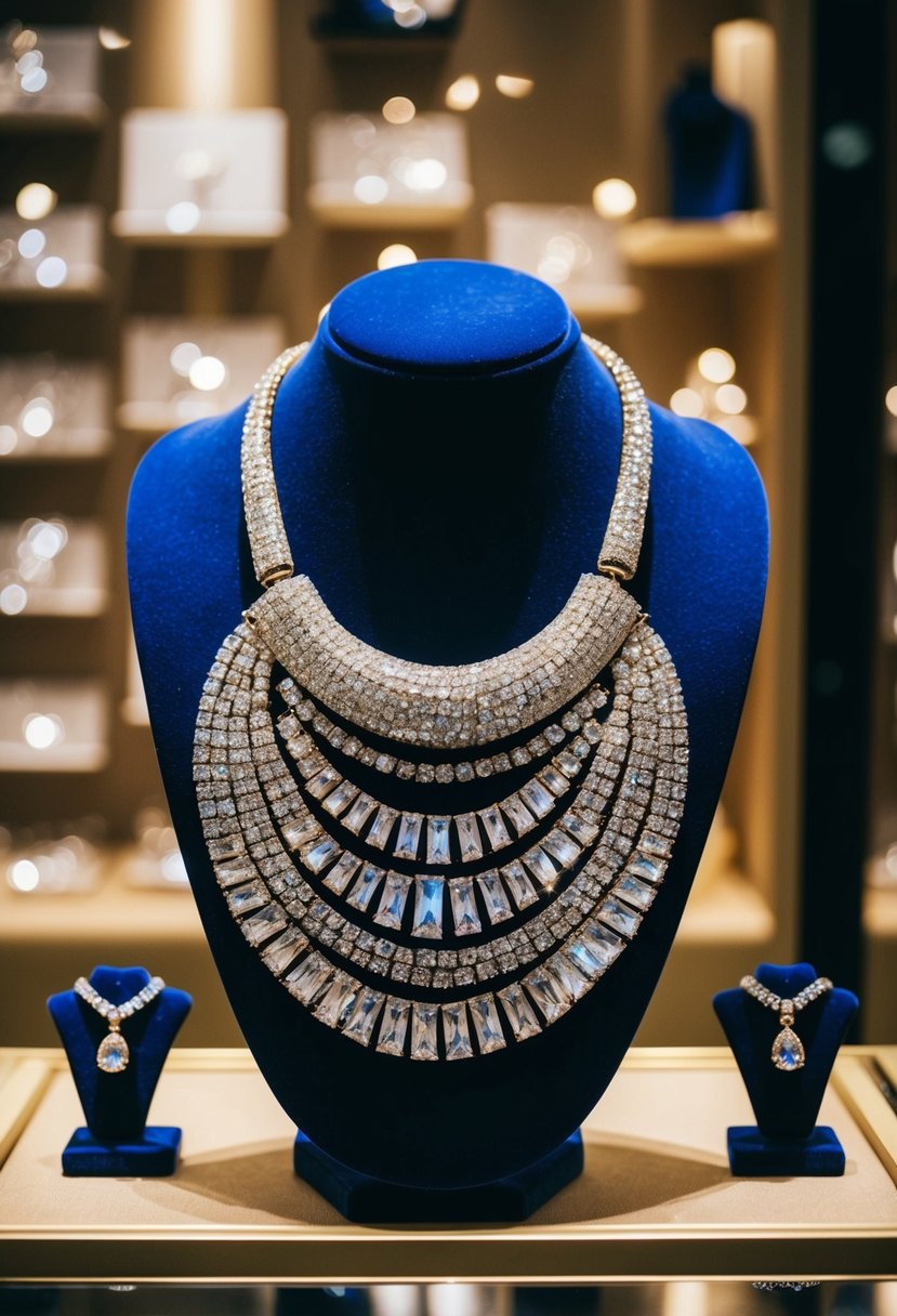 A sparkling, oversized necklace hanging from a velvet display, surrounded by smaller, delicate options