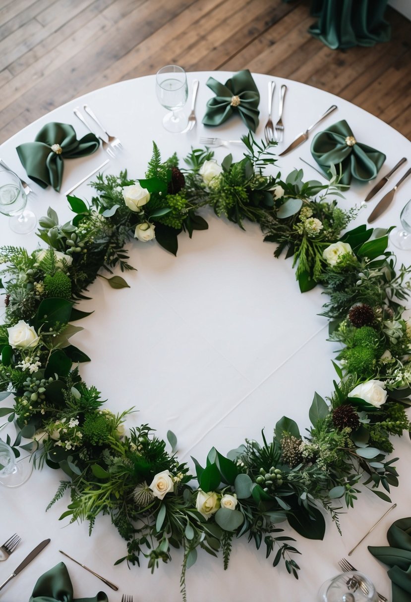 A table with assorted greenery arranged in a circular pattern for a wedding bouquet