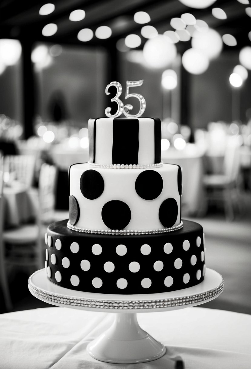 A black and white square wedding cake with polka dot patterns