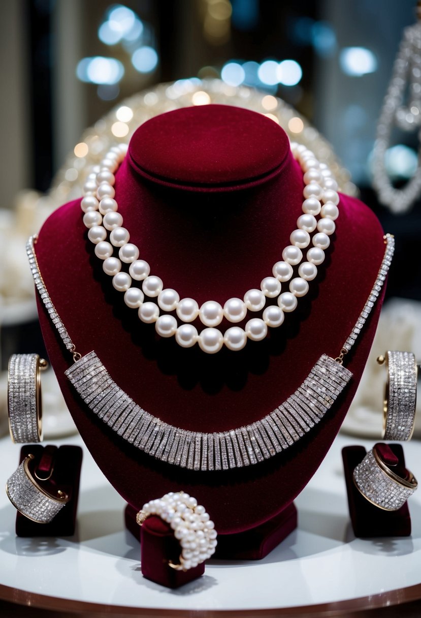 A pearl necklace draped over a velvet display, surrounded by sparkling earrings and bracelets