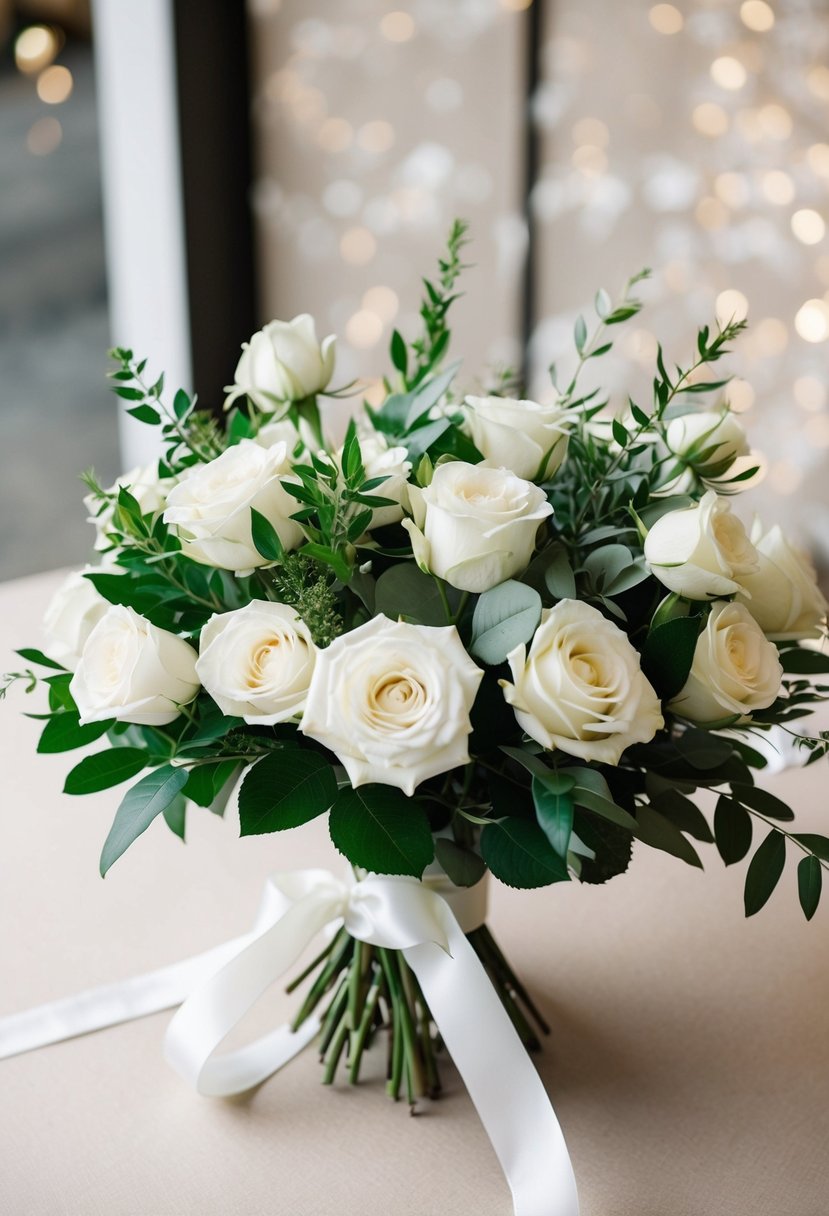 A table with white roses, greenery, and ribbon for a DIY wedding bouquet