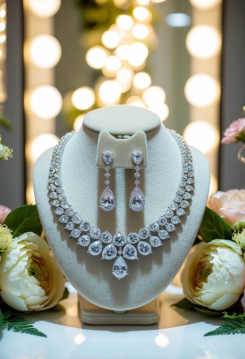 A glittering diamond necklace and matching earrings on a velvet display, surrounded by soft lighting and floral accents