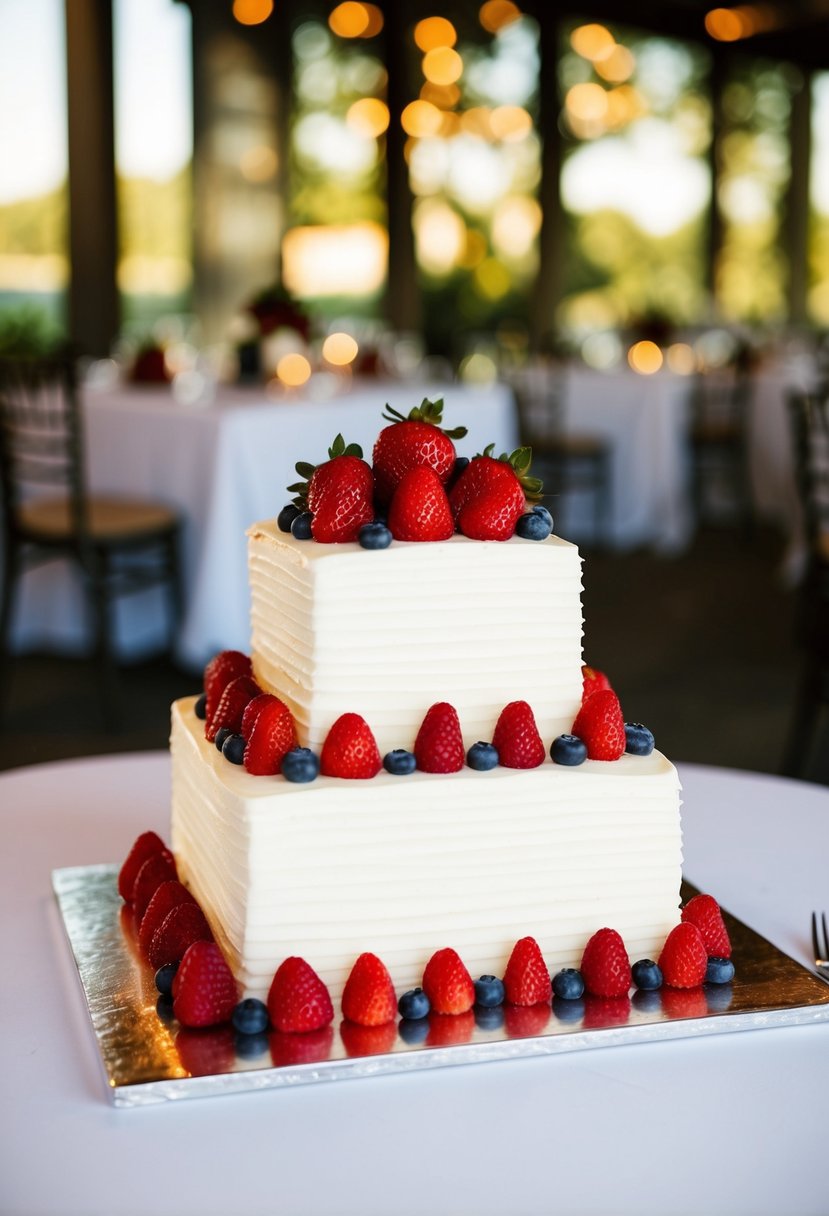 A square wedding cake adorned with fresh berries sits on a table