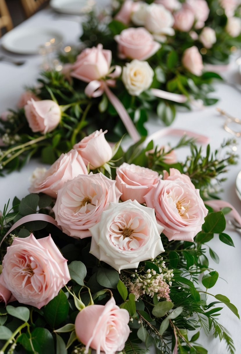 A table scattered with pink garden roses, greenery, and ribbon, ready for a DIY wedding bouquet