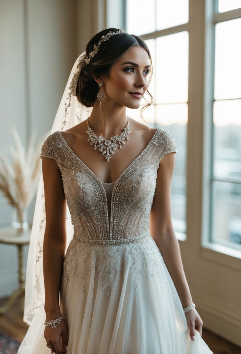 A flowing gown adorned with intricate beading and lace, paired with delicate, coordinating jewelry for a harmonious wedding ensemble