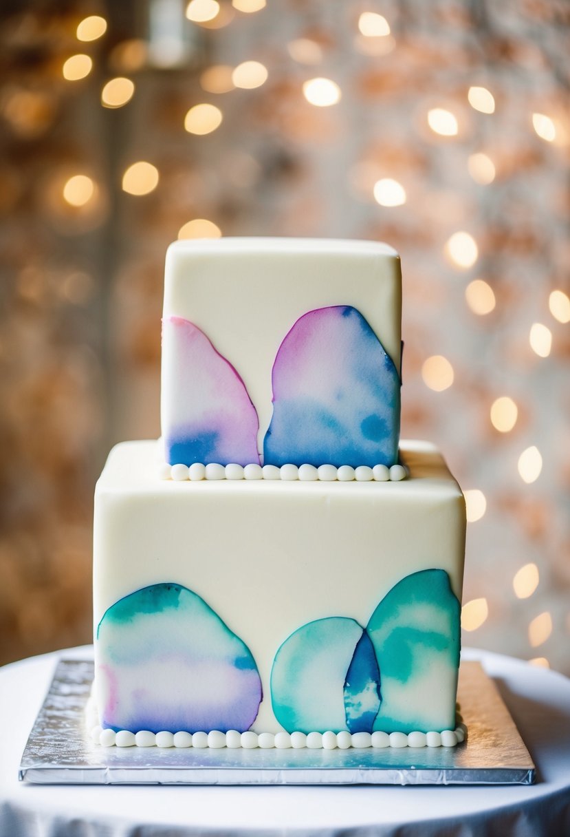 A square wedding cake adorned with watercolor designs in pastel hues