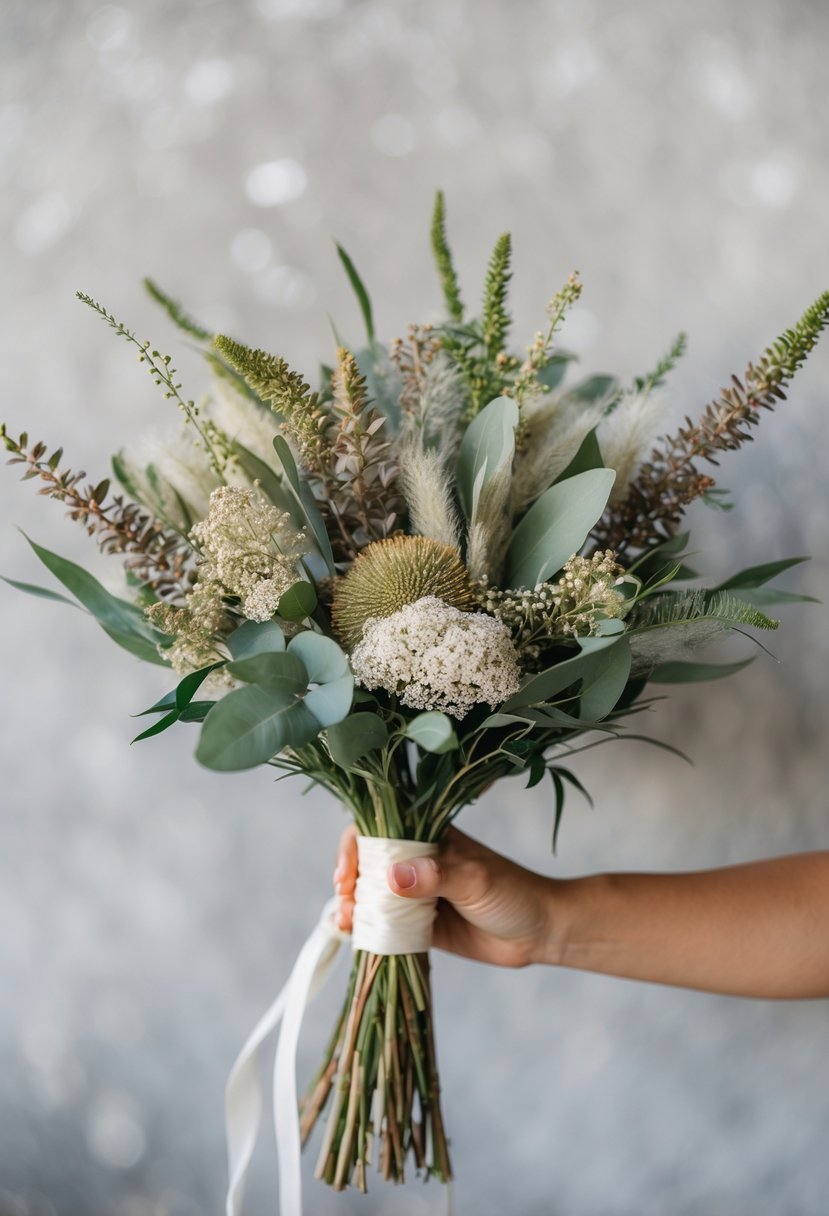 A hand-tied bouquet of Israeli ruscus, adding texture to a DIY wedding bouquet