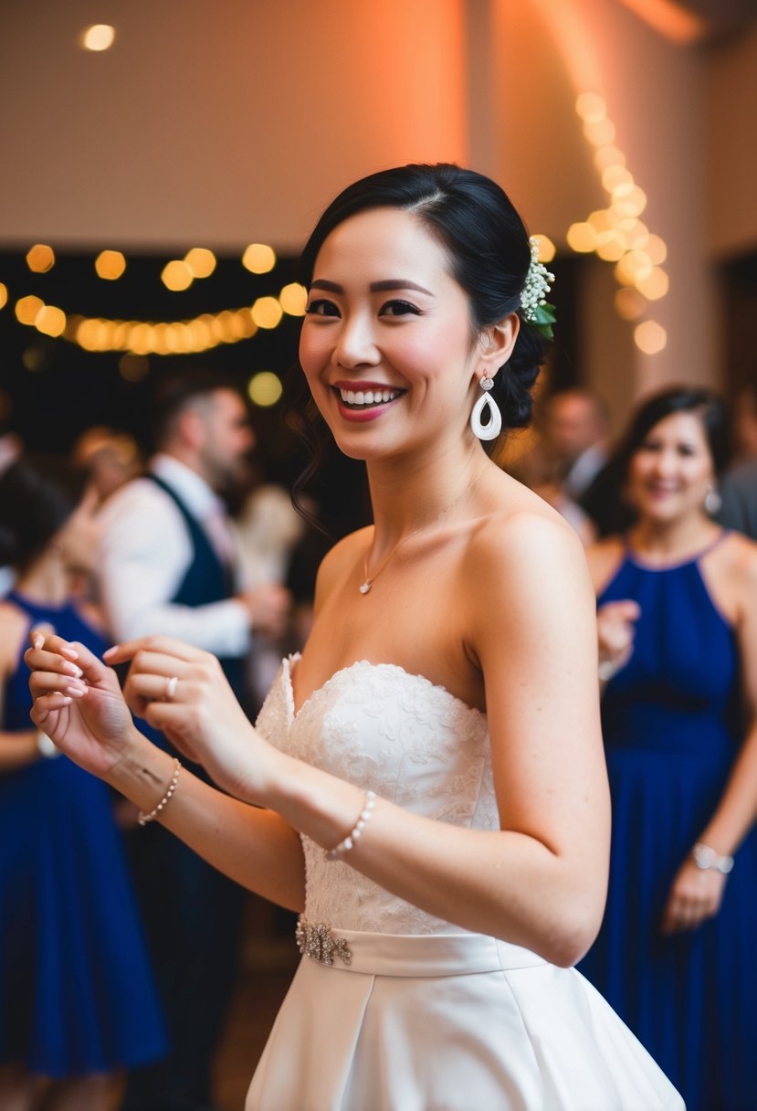 A woman gracefully dancing at a wedding, wearing lightweight earrings and smiling