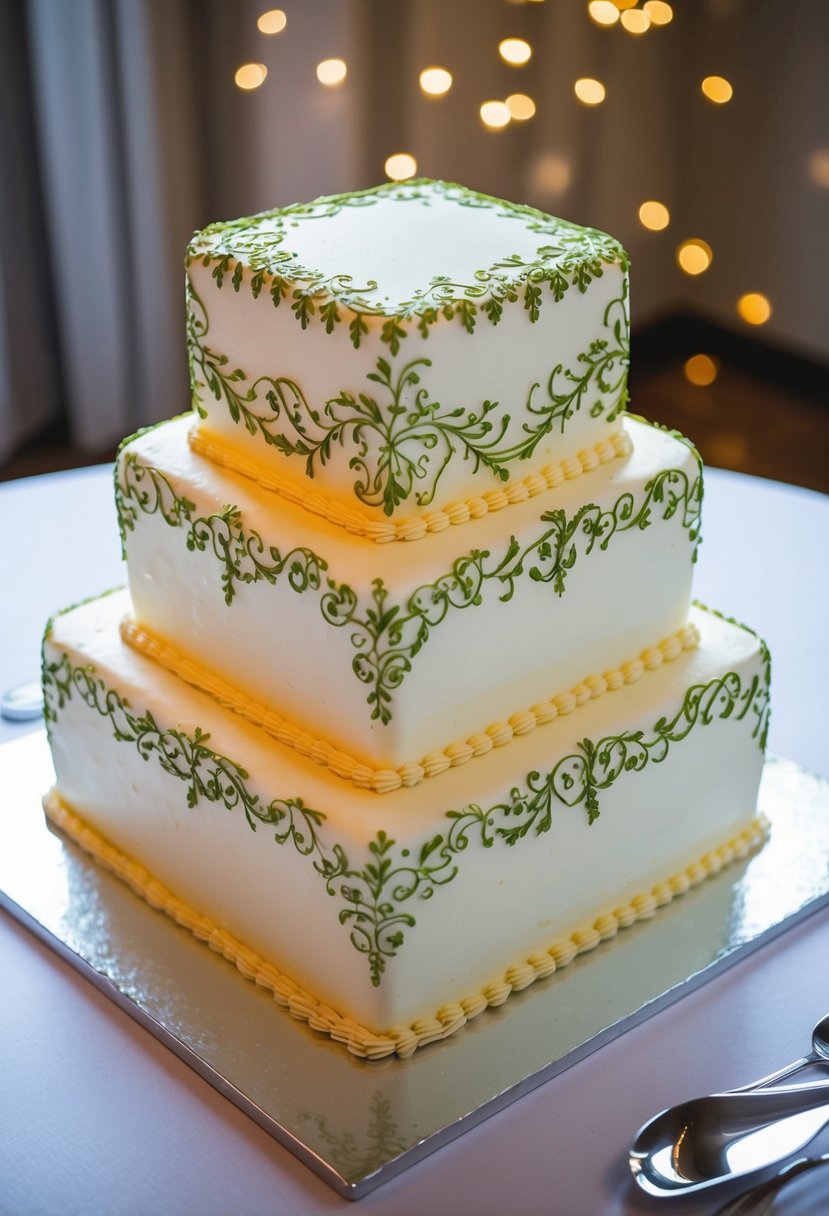 A square wedding cake adorned with intricate hand-painted details, resembling edible art