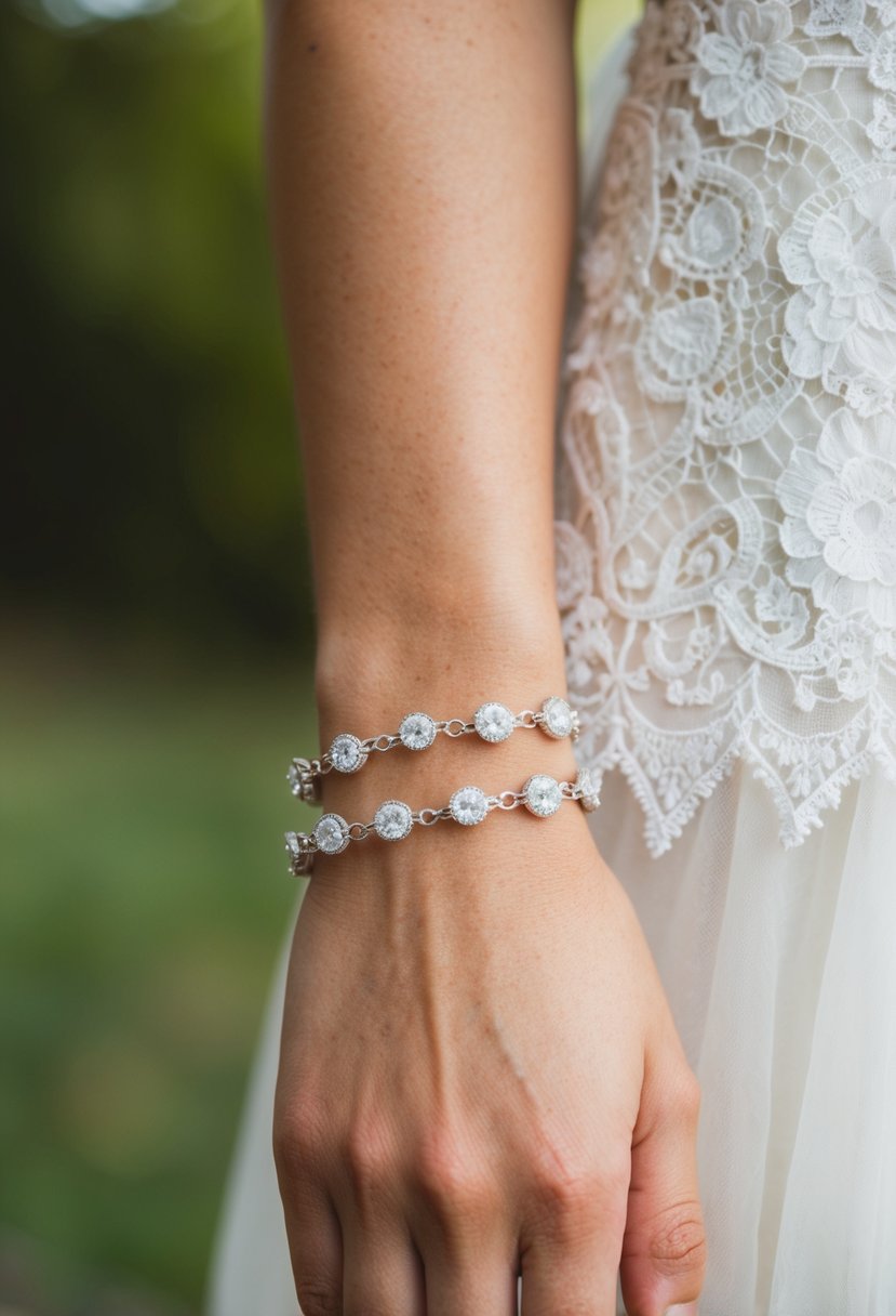 A delicate bracelet clasped around a wrist, avoiding catching on the lace of a wedding dress