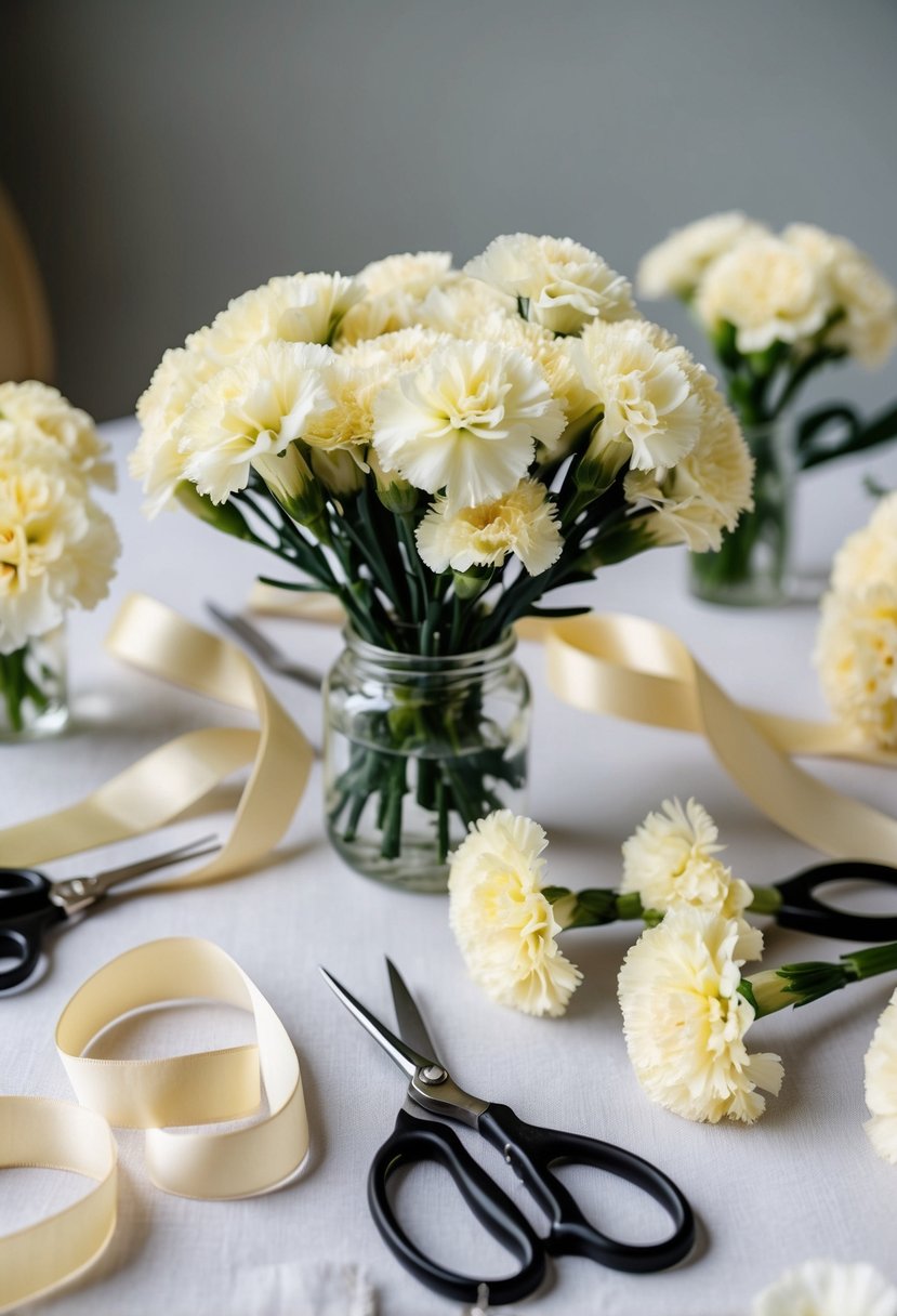 A table scattered with carnations, ribbon, and scissors for creating a classic DIY wedding bouquet