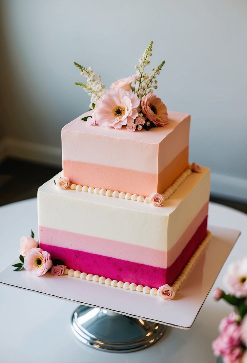 A square cake in ombre shades of pink, adorned with delicate floral decorations, sits on a polished white table