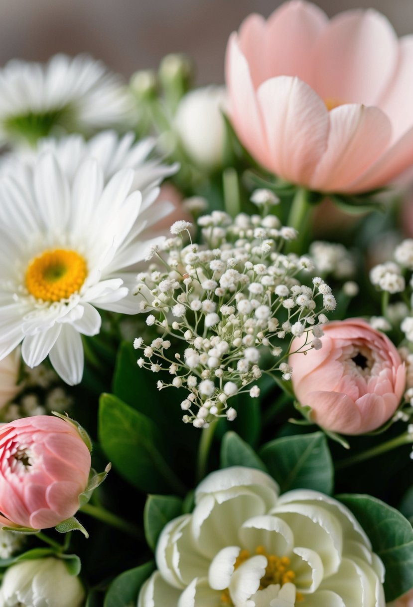 A small bouquet of delicate baby's breath nestled among larger blooms, adding a soft and airy touch to the arrangement