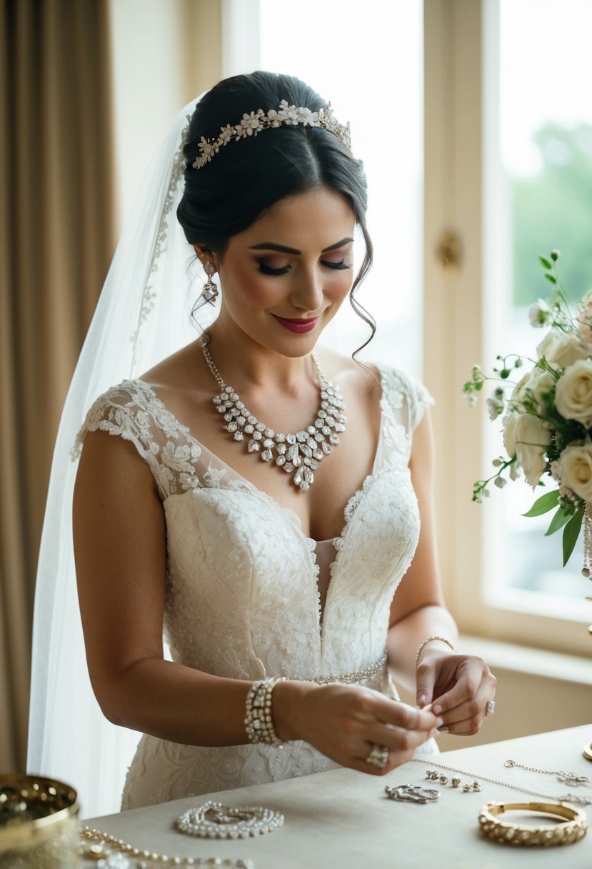 A bride carefully selects timeless, elegant jewelry pieces from her collection, emphasizing personal style over passing fads