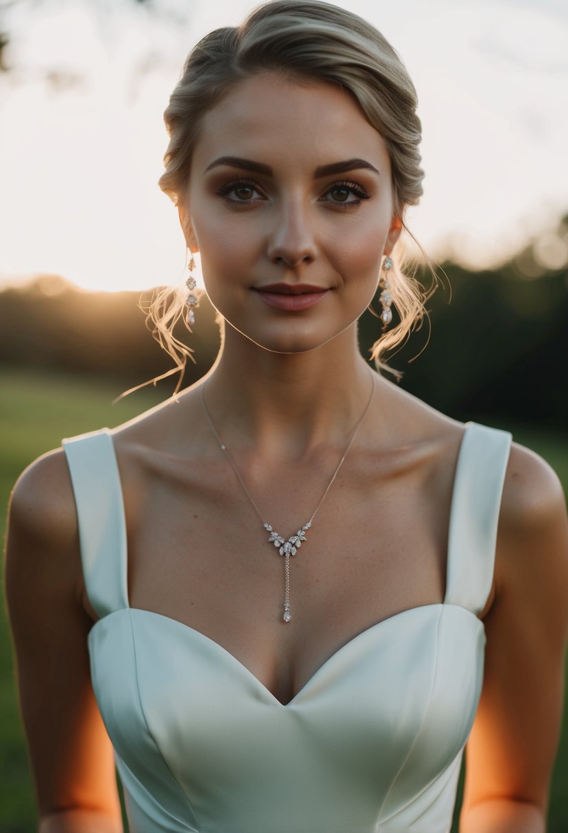 A gown with a sweetheart neckline adorned with a delicate pendant necklace