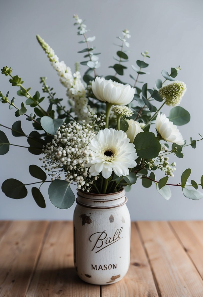 A hand-picked bouquet of assorted white cremons, eucalyptus, and baby's breath arranged in a rustic mason jar vase